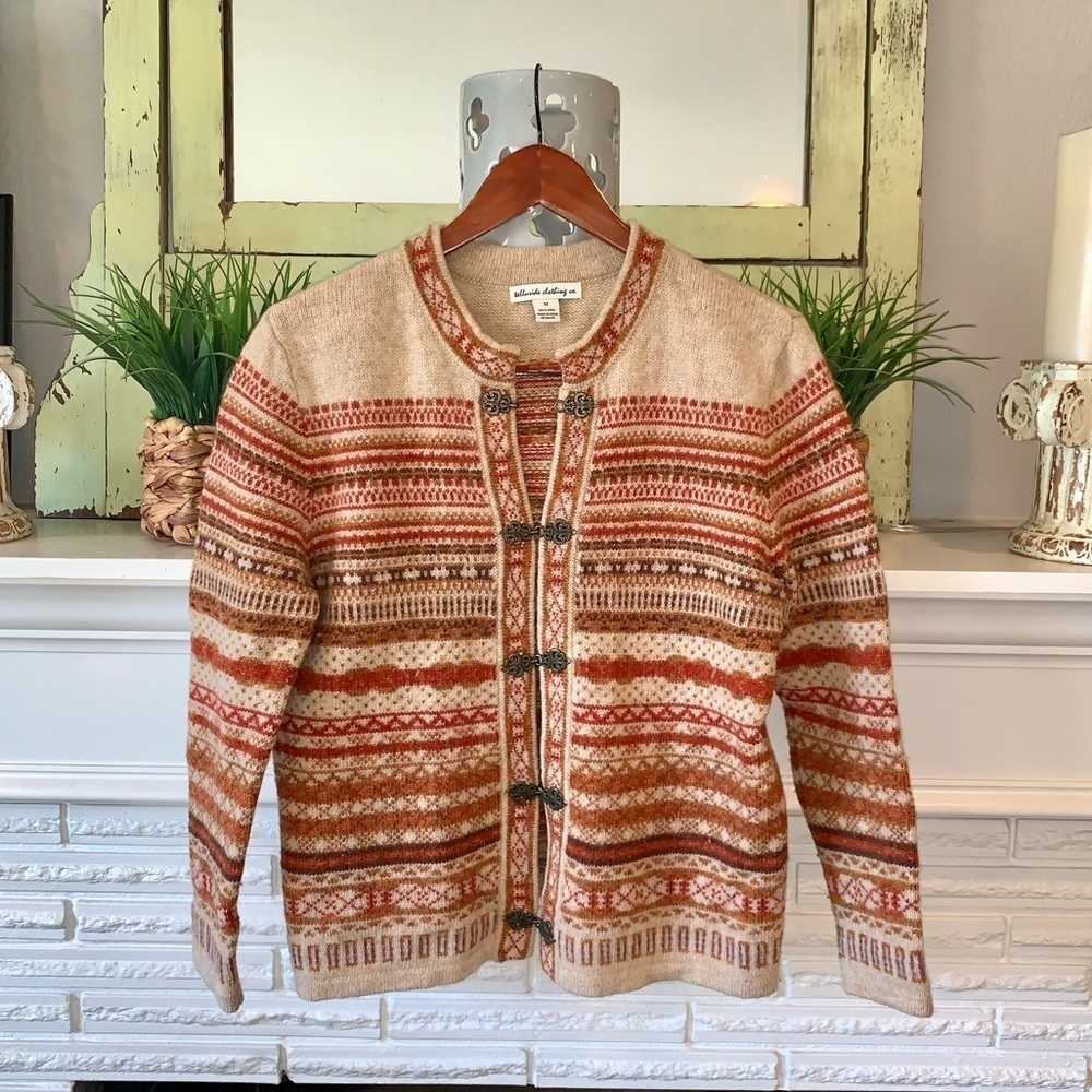 Telluride Clothing Co. Fair Isle 100% Wool Hook Latch Sweater Cardigan Medium